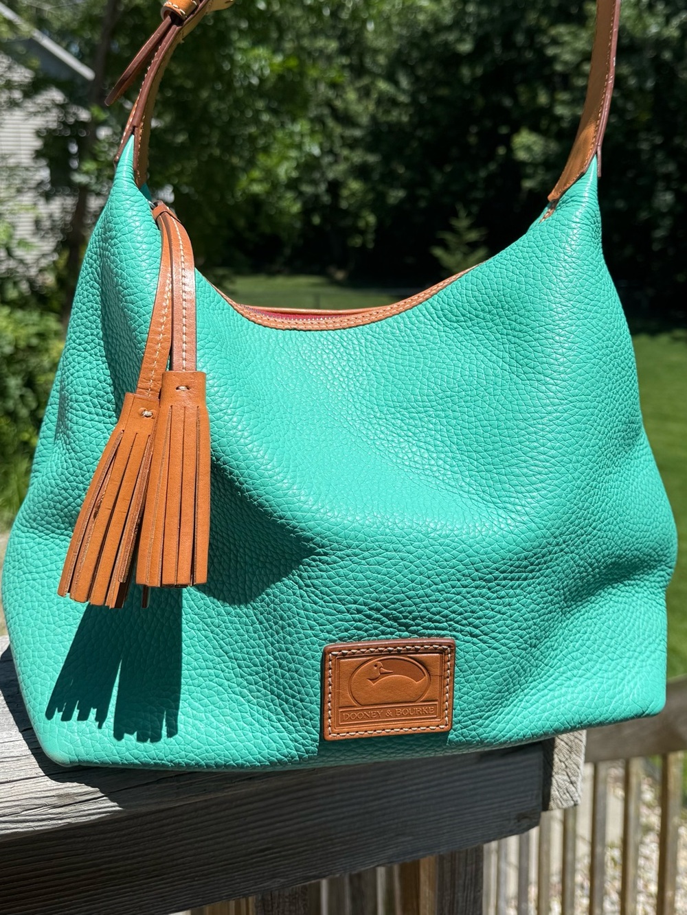Dooney & Bourke Turquoise Pebbled Leather Shoulder Hobo bag w/ Tan Trim Tassel - Picture 2 of 16